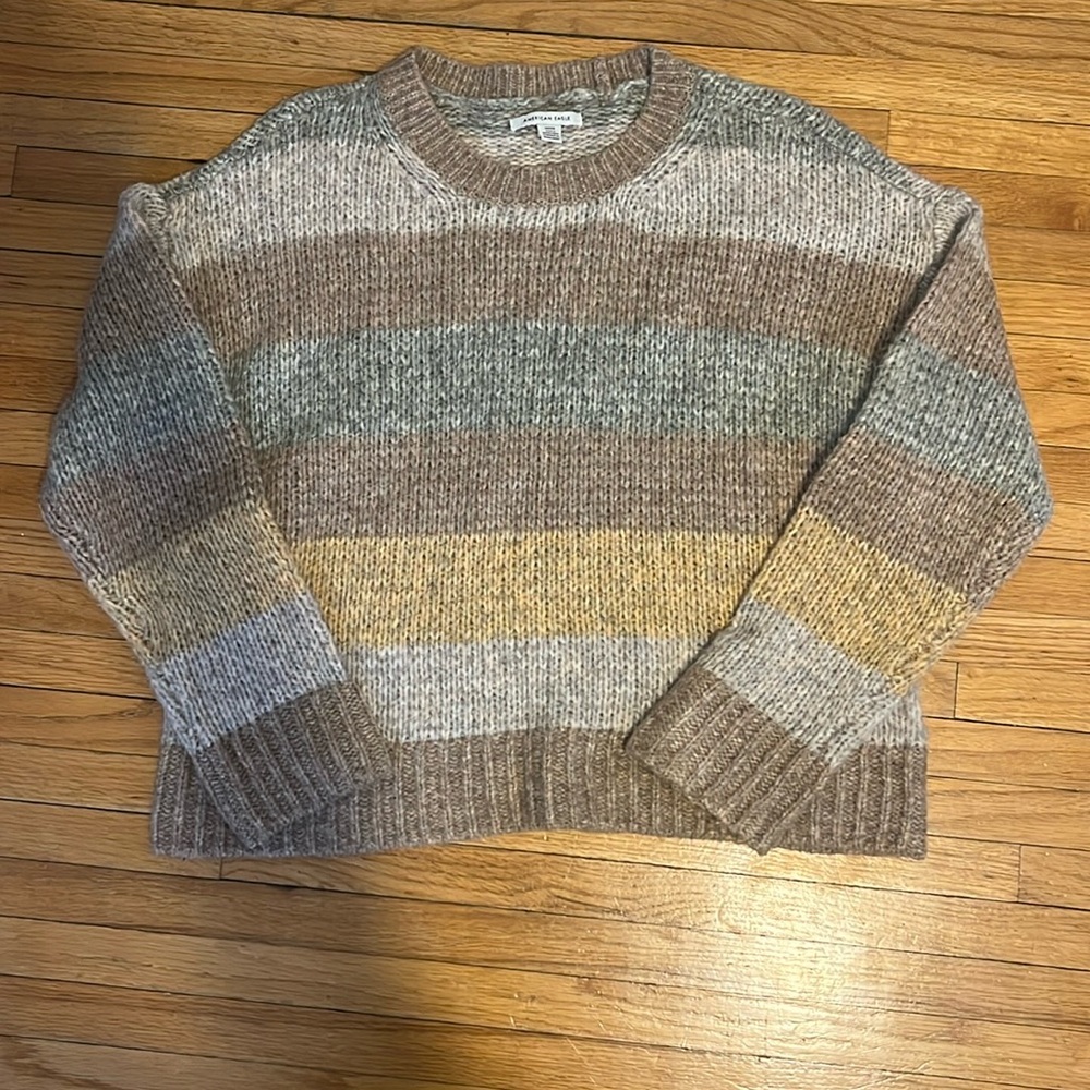 small american eagle beige striped knit sweater